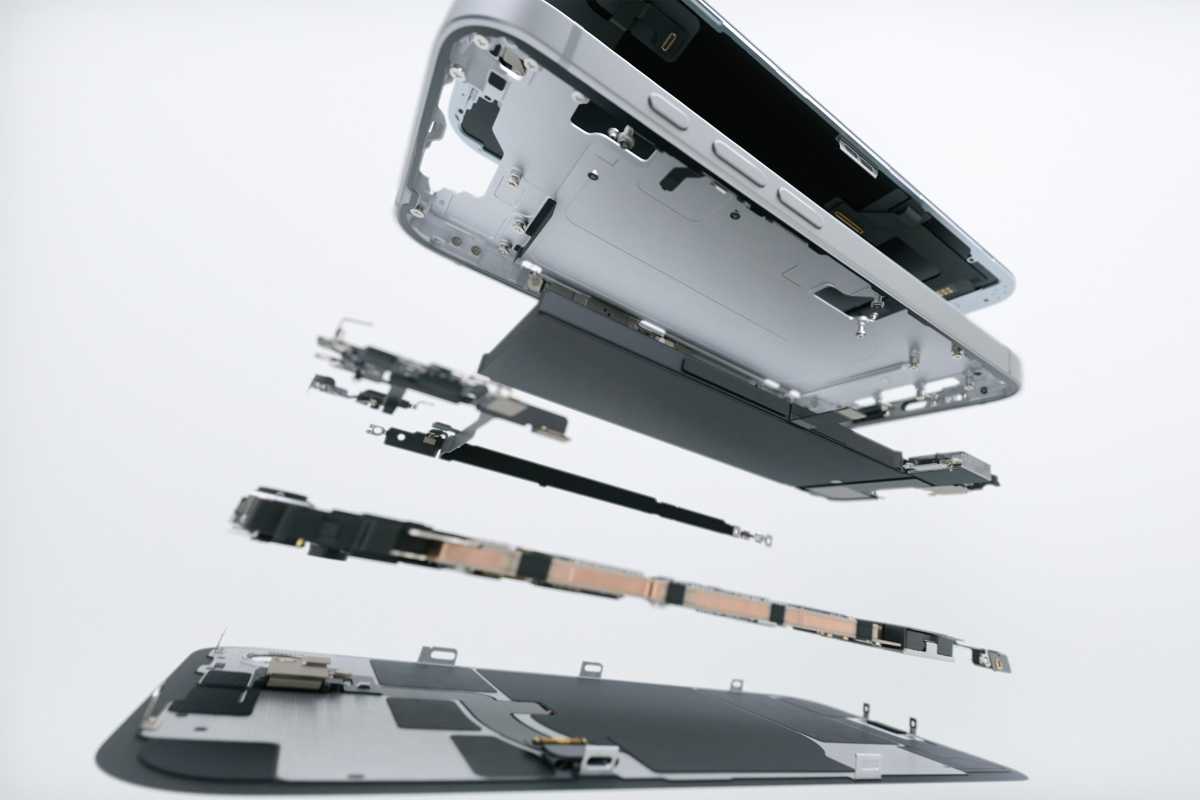 iPhone 16 e exploded view showing internal parts