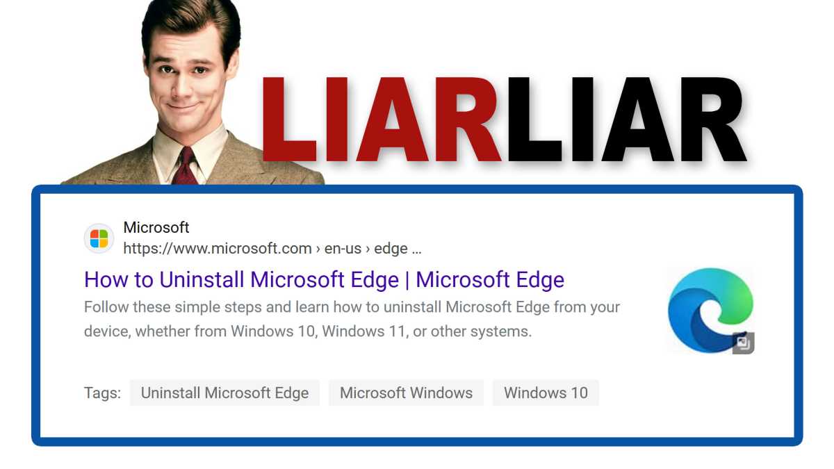 microsoft edge search result for "How to uninstall Microsoft Edge," with Jim Carrey and 'Liar Liar" text above