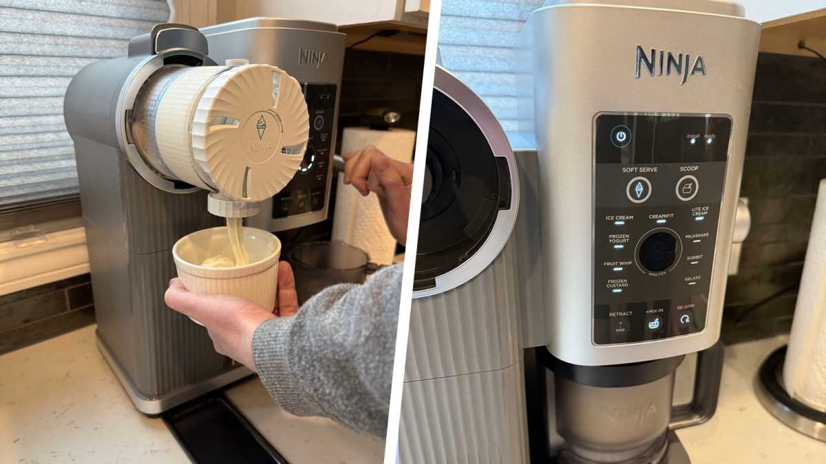 The machine in use: dispensing ice cream and the control panel