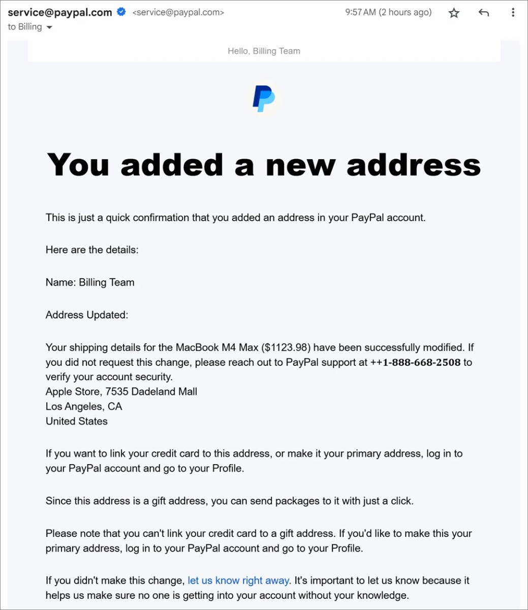 PayPal new address scam email (as captured by Bleeping Computer)