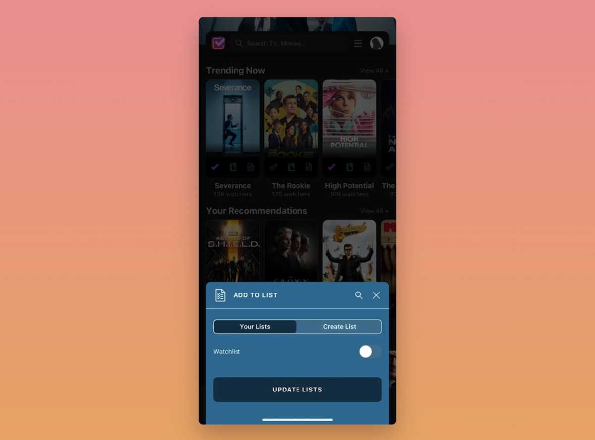 Trakt's mobile app with the Watchlist menu