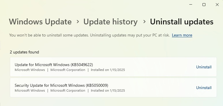 Uninstall update