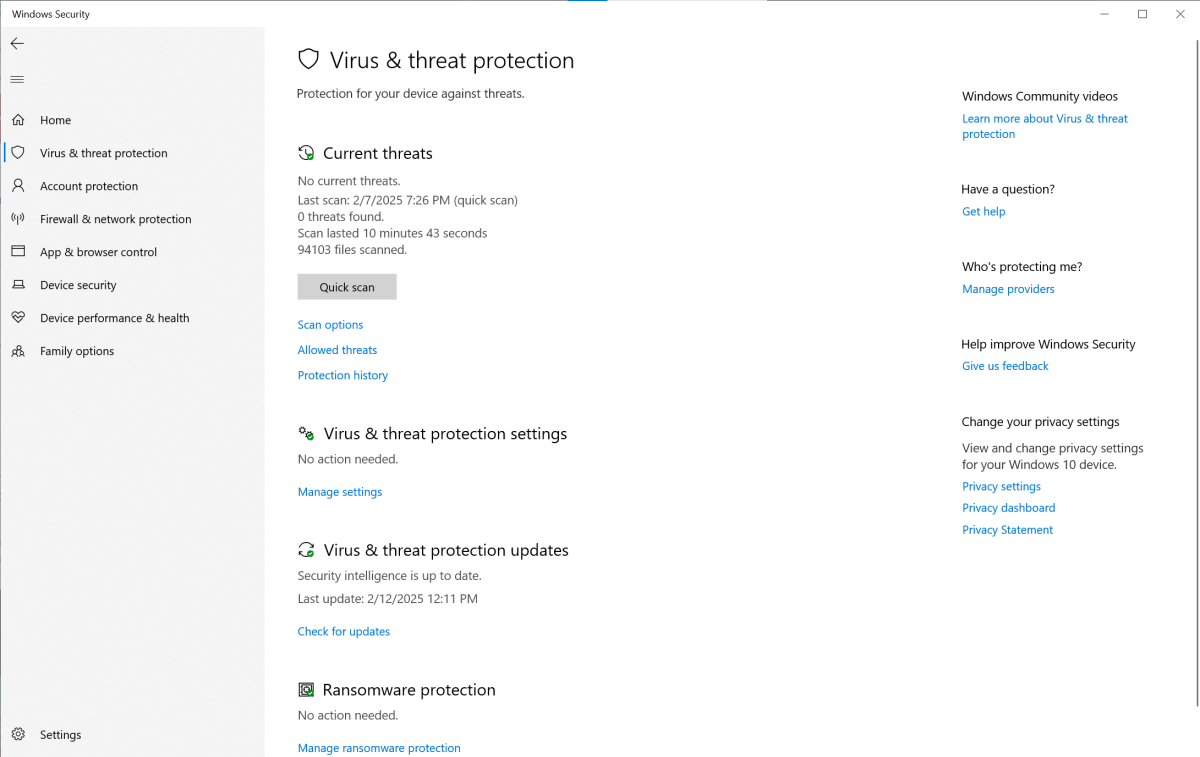 Windows Security - Virus & threat protection screen (Feb 2025)