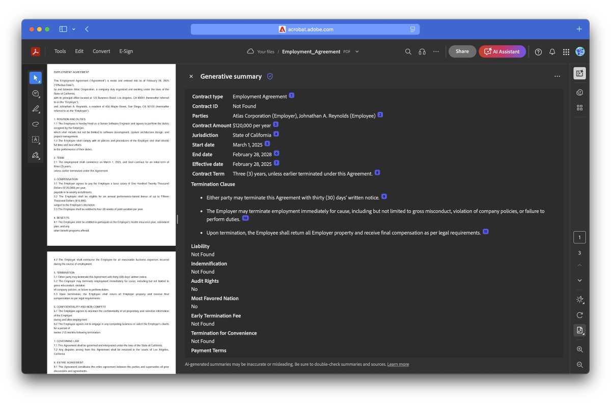 Captura de pantalla del análisis de contrato de Adobe AI
