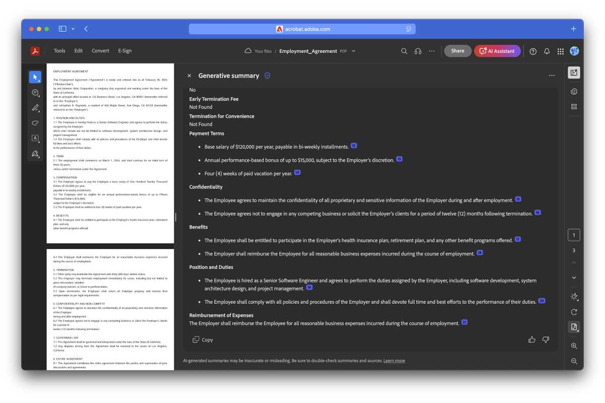 Adobe AI contract analysis screenshot