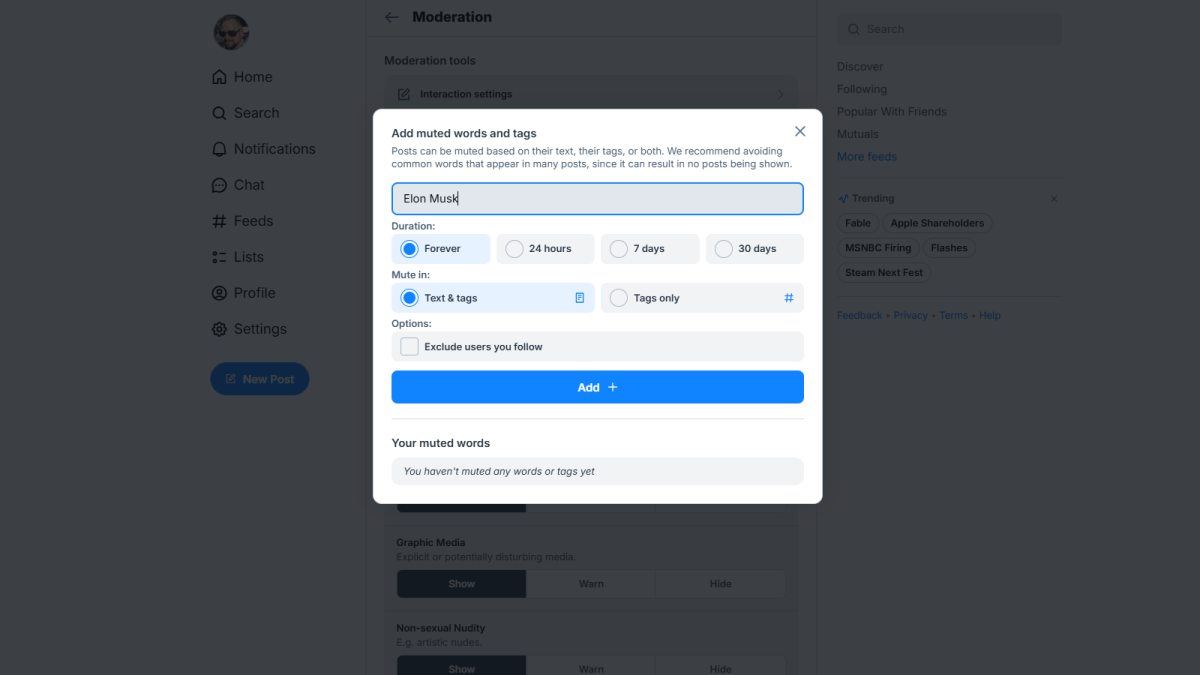 Bluesky mute certain words screenshot