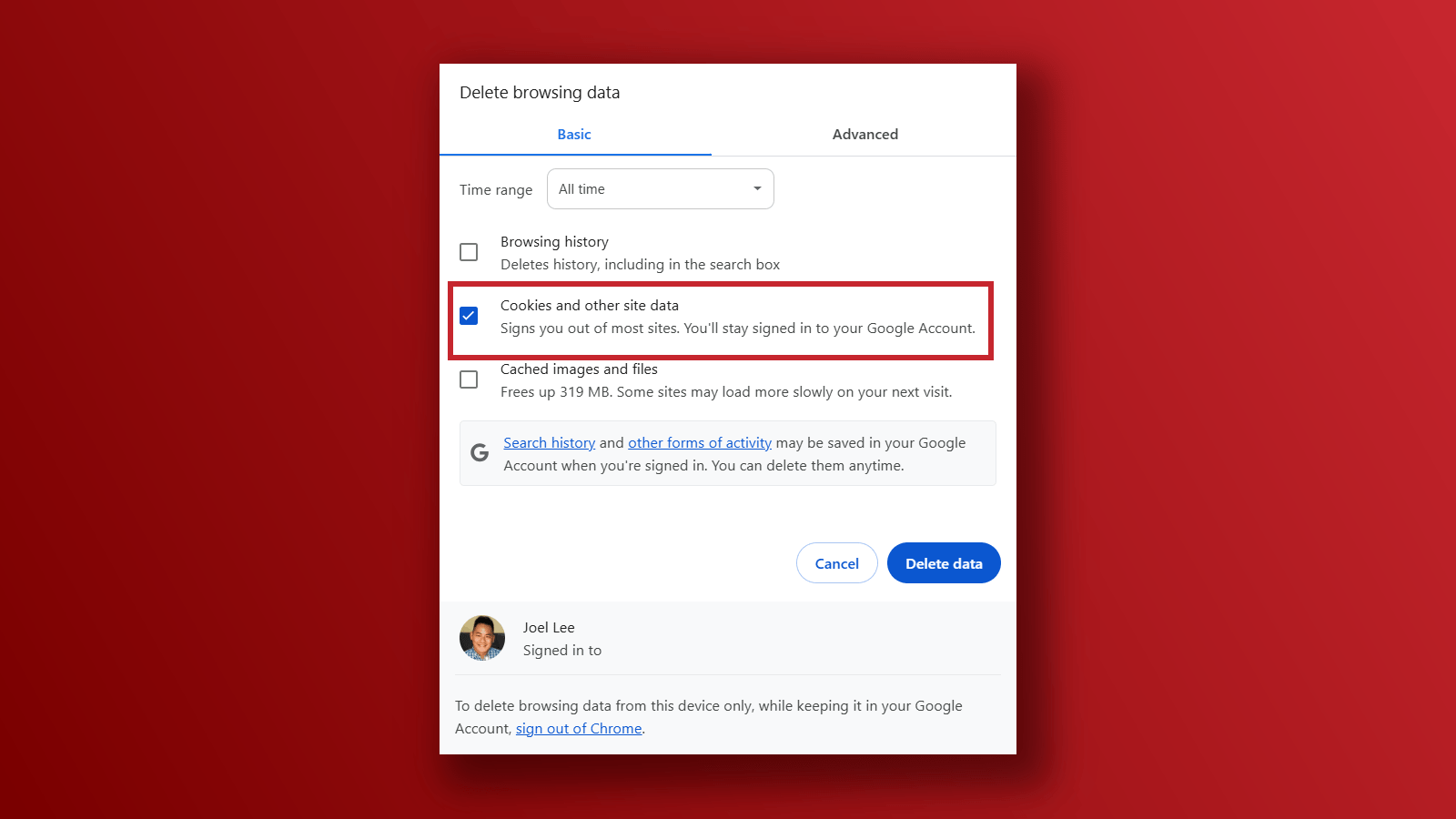 Chrome browser privacy delete cookies setting screenshot