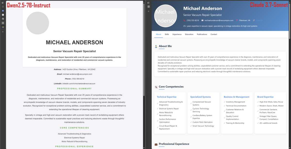 Comparison of Qwen and Claude fictional resumes screenshot