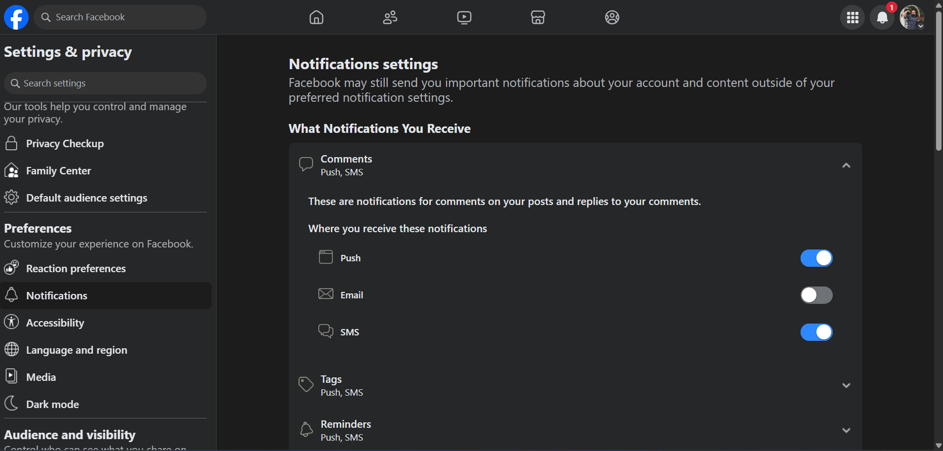 Facebook email notification settings screenshot