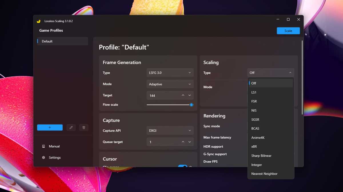 Lossless Scaling default profile changing Scaling Type options screenshot