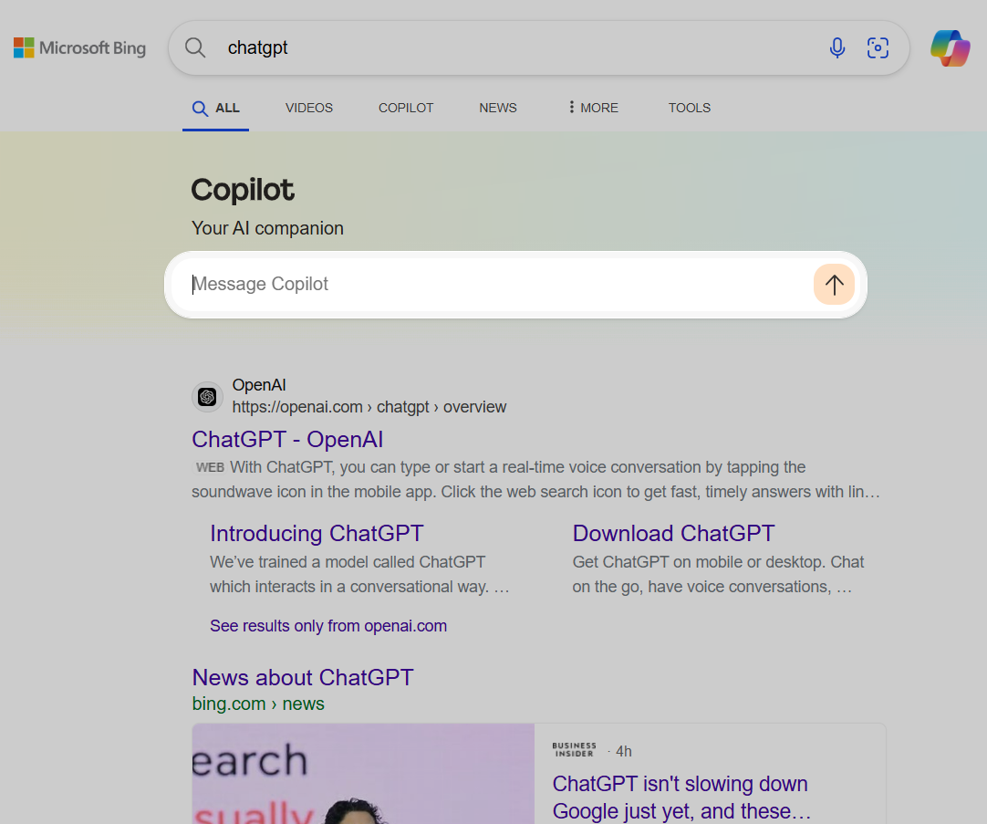 Microsoft special Copilot box in Bing when searching for other AI chatbots screenshot