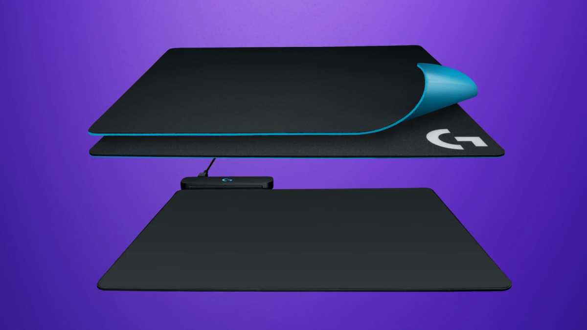 Promo illustration of Logitech PowerPlay wireless charging system mousepad