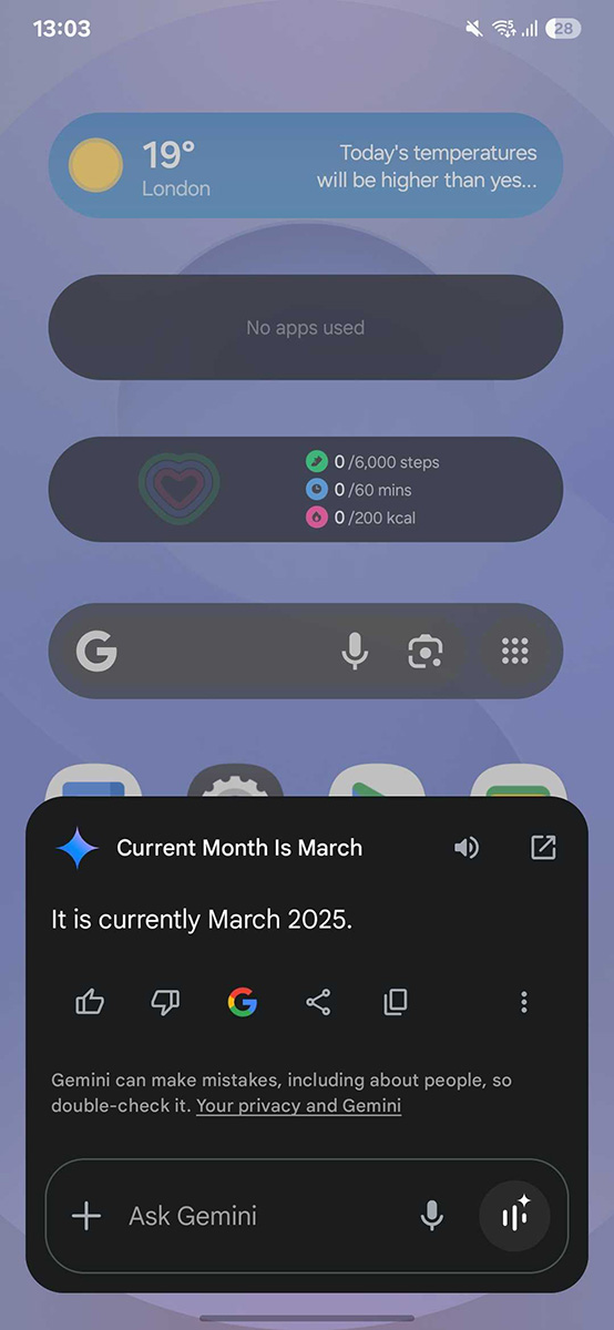 Samsung Galaxy S25+ Gemini response to What month is it