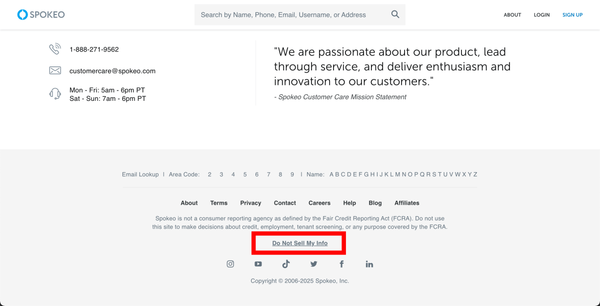 Spokeo Website with not selling my own red information link