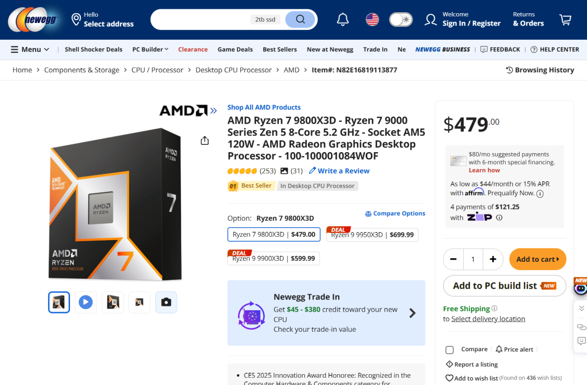 AMD Ryzen 9800X3D price as of Mar 11 2025 on Newegg.com