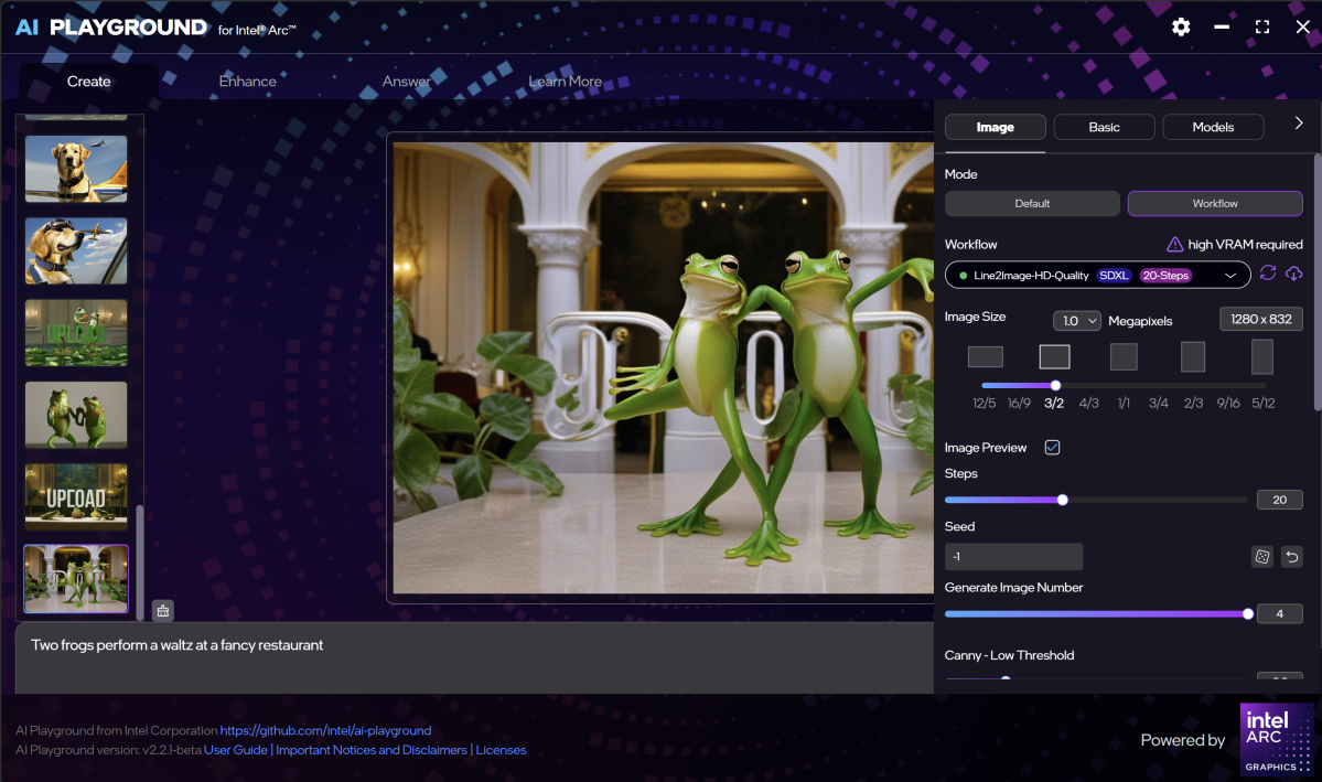 Intel AI Playground AI art frogs settings