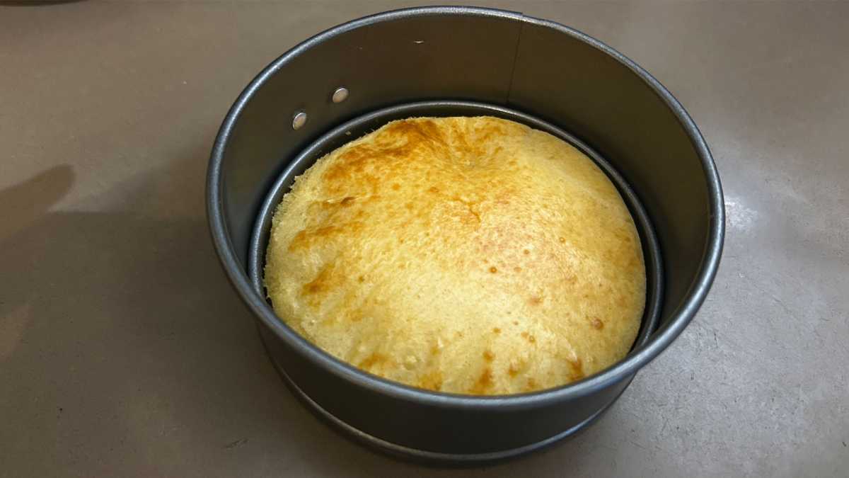 Air fryer pancake in a baking tin