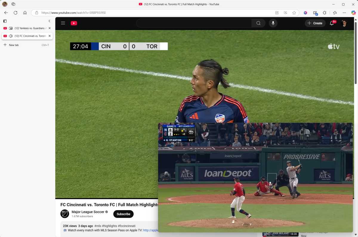 Edge browser with two simultaneous YouTube videos, one of FC Cincinnati and one of the Yankees