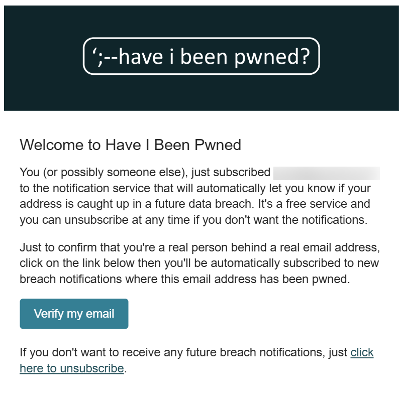 Have I Been Pwned - Notification sign up email verification message