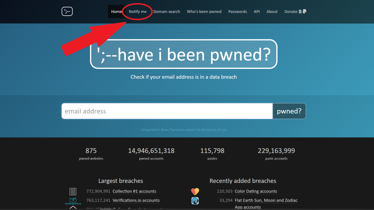 Have I Been Pwned - Notification sign up link location