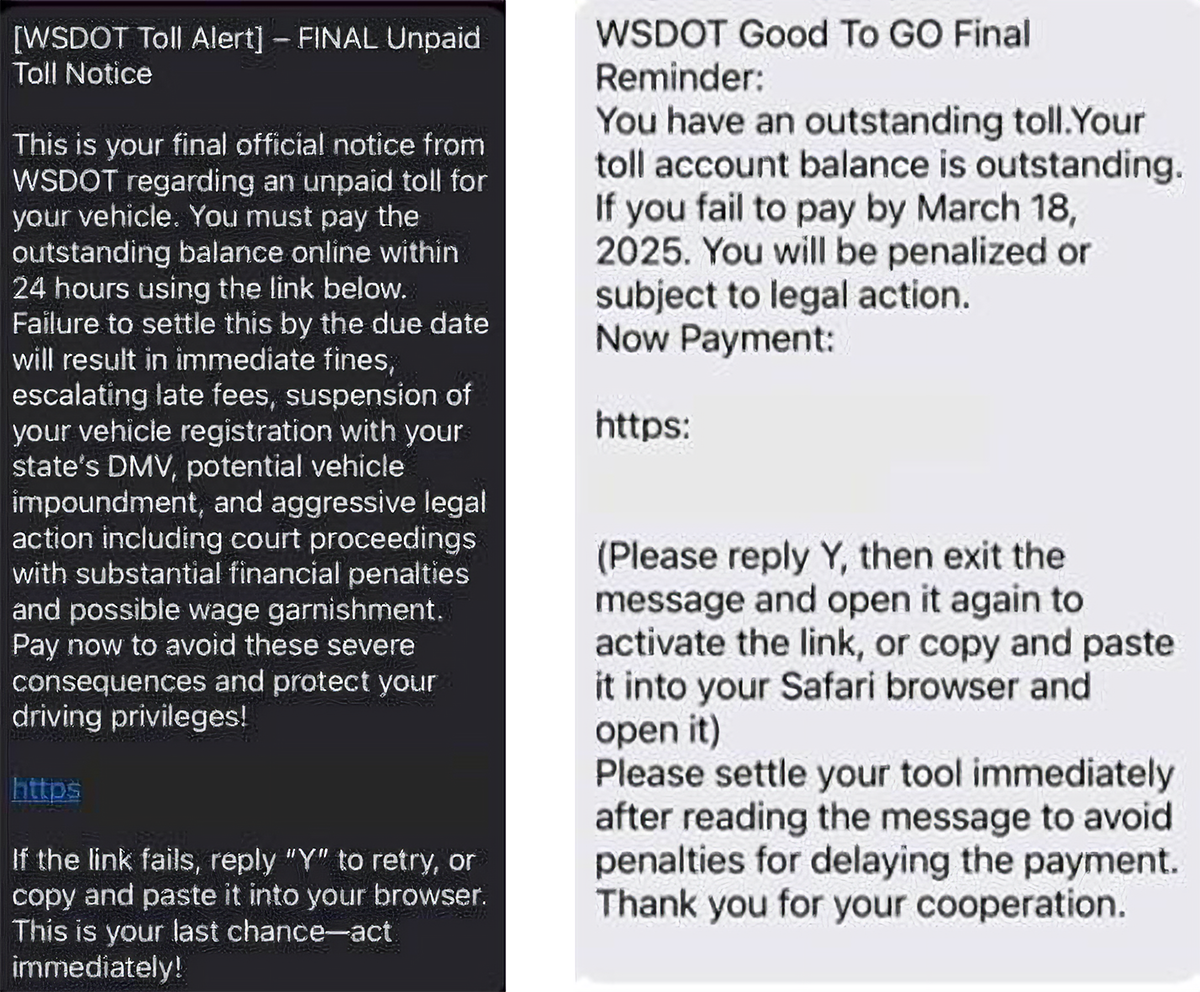 Smishing Toll Scam Examples: side by side screen captures of fake, scam SMS messages