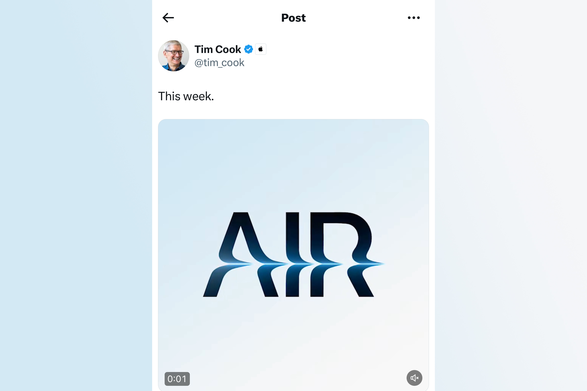 Tim Cook X post teasing a new Air product