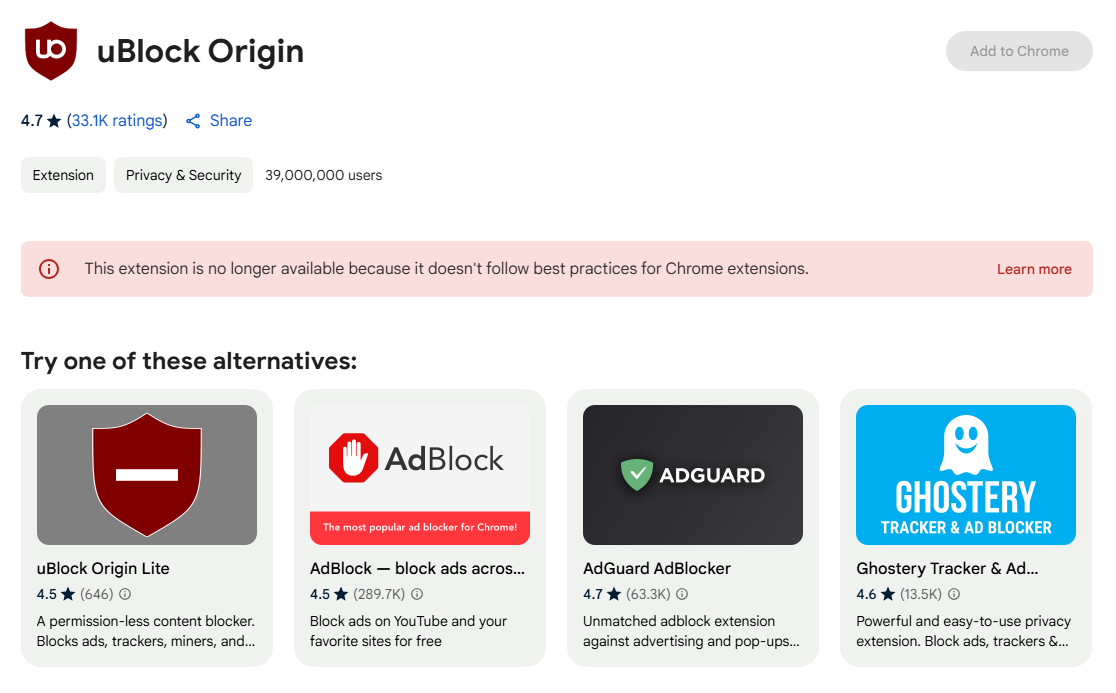 Ublock Origin -Erweiterung ist in Chrome Web Store Screenshot nicht mehr verfügbar