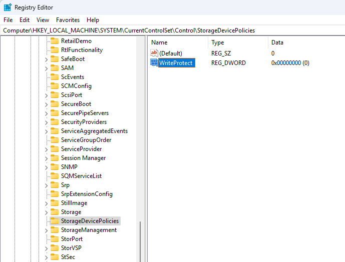 Regedit storage write protect