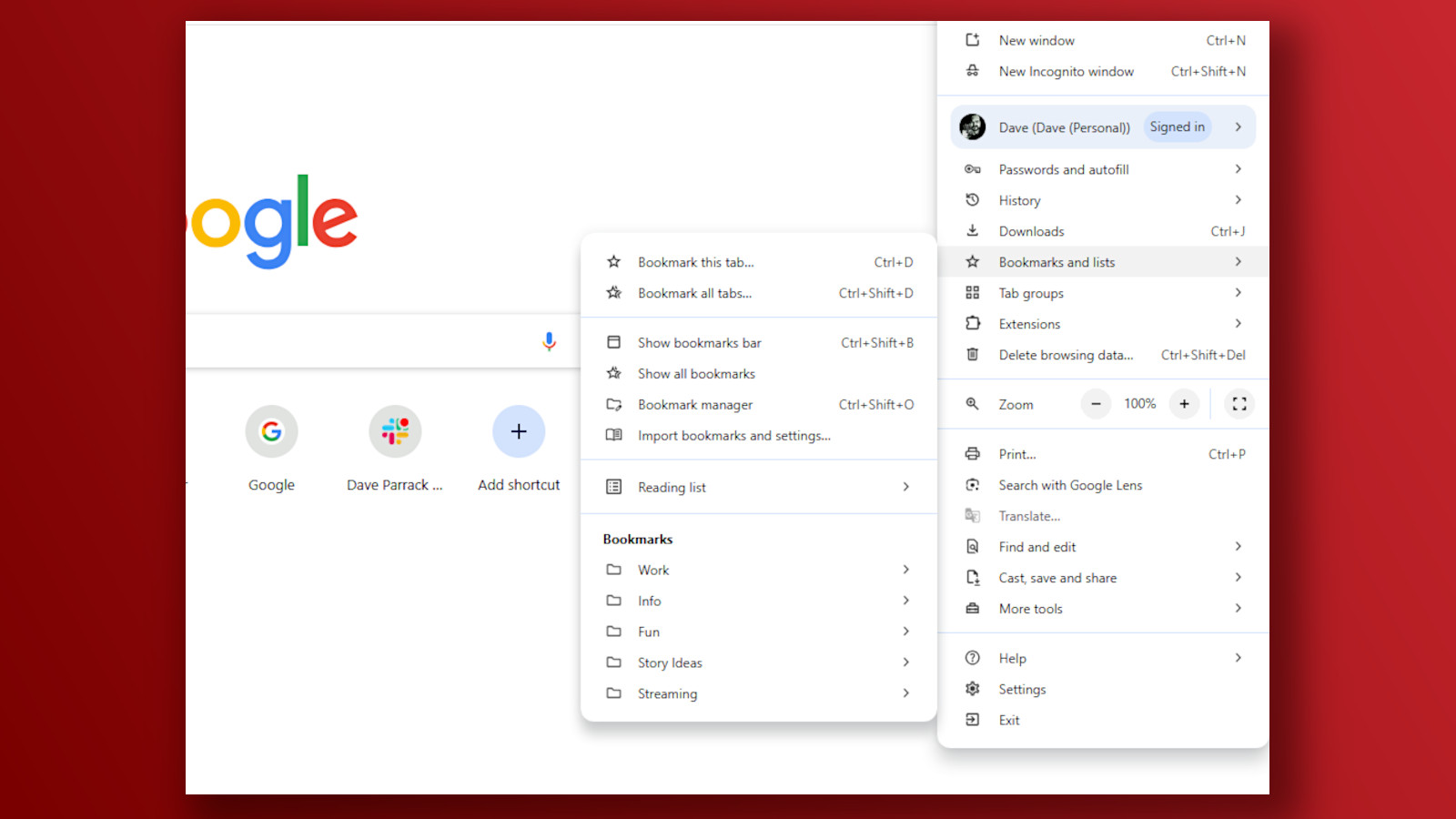 Chrome essential feature bookmarks and lists screenshot