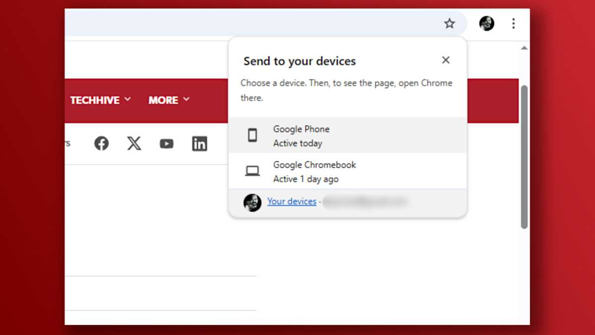 Chrome essential feature send tab to other devices screenshot