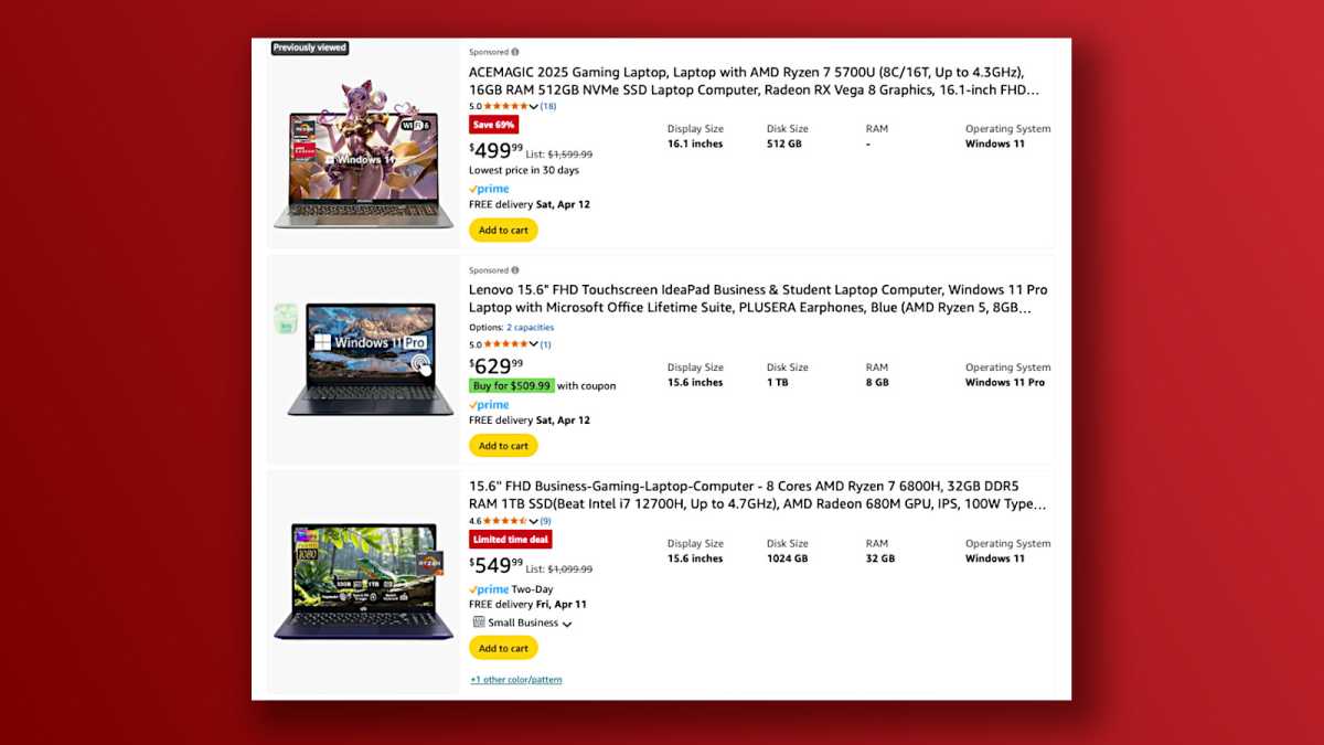 Deceptive gaming laptop product listings on Amazon search results