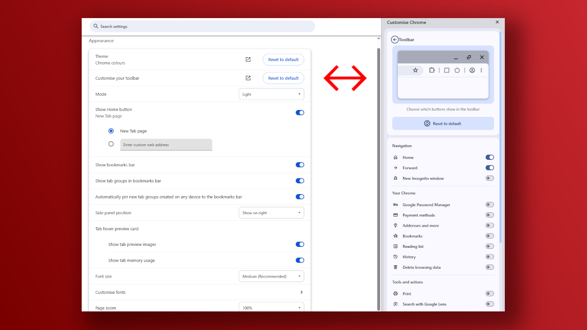 Google Chrome customize toolbar options screenshot