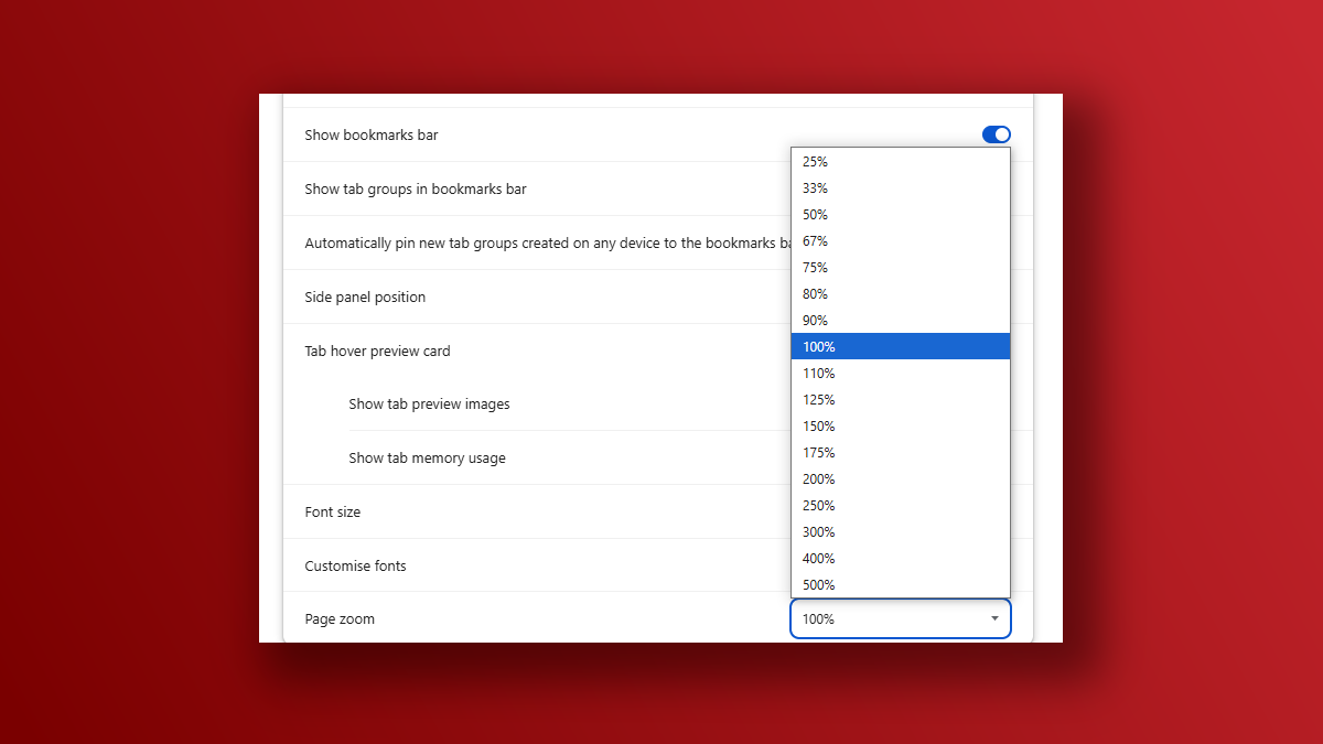Google Chrome page zoom setting screenshot