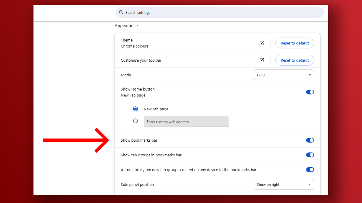 Google Chrome show bookmarks bar setting screenshot