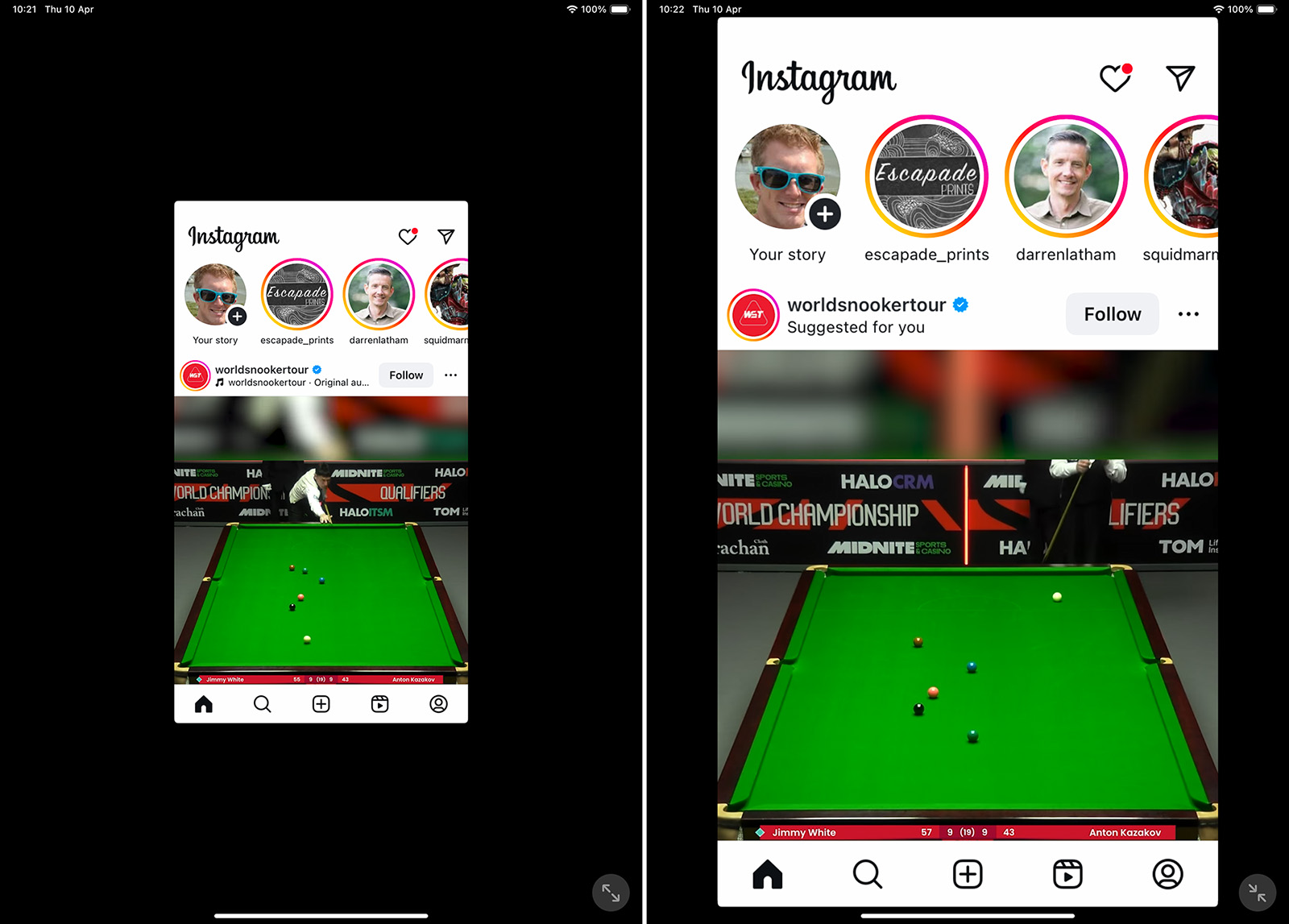 Instagram app on iPad display options