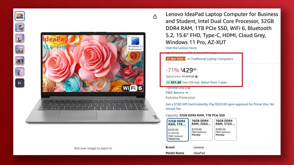 Lenovo IdeaPad laptop suspicious sale pricing on Amazon product listing