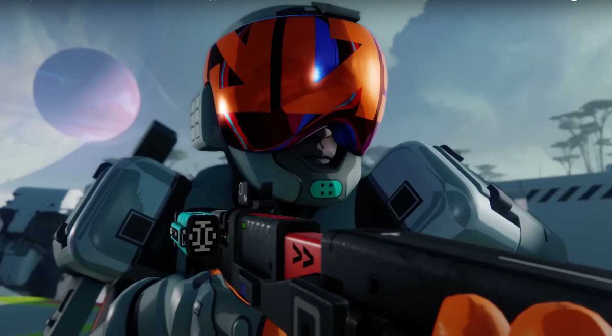 Orange glitzerndes Visier statt Kampfanzug mit Tarnfarben. Vom Style her ist Marathon ein abgedrehtes Destiny mit sehr farbigem Industrial-Design. Vom Gameplay her aber etwas komplett anderes …