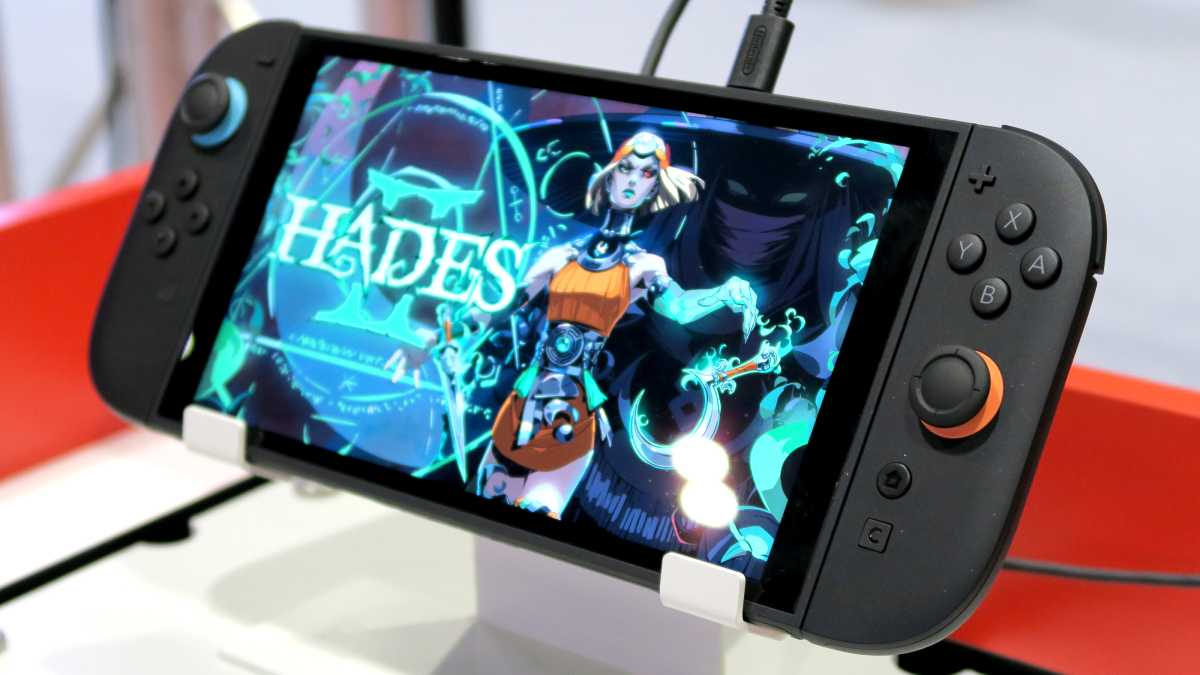 Nintendo Switch 2 hands on Hades II handheld angled