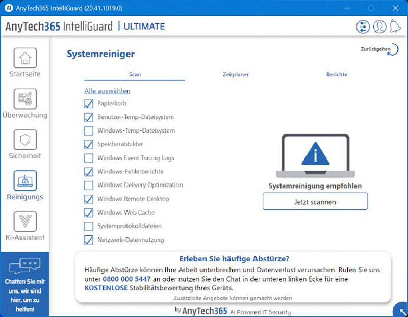 Anytech365 Intelliguard Ultimate 20 bietet unter anderem eine Systemreinigung und -optimierung. Bei Problemen sollen der KI-Assistent und eine Fernwartung weiterhelfen.