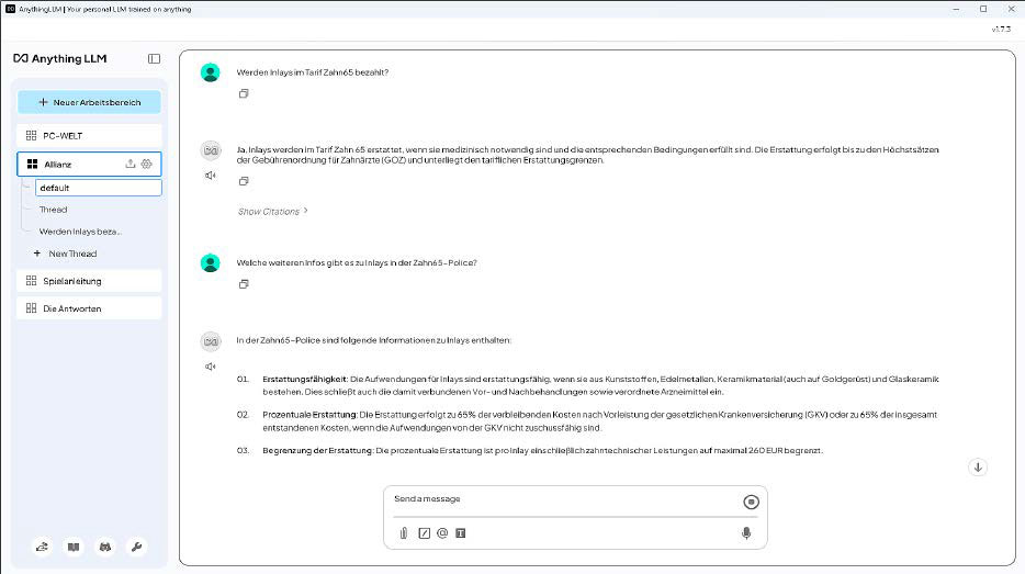 Testweise haben wir auch das Online-Sprachmodell ChatGPT 4o eingeschaltet, mit perfekten Ergebnissen bei Fragen zu unserem Zahnzusatzversicherungsvertrag und anderen Dokumenten.