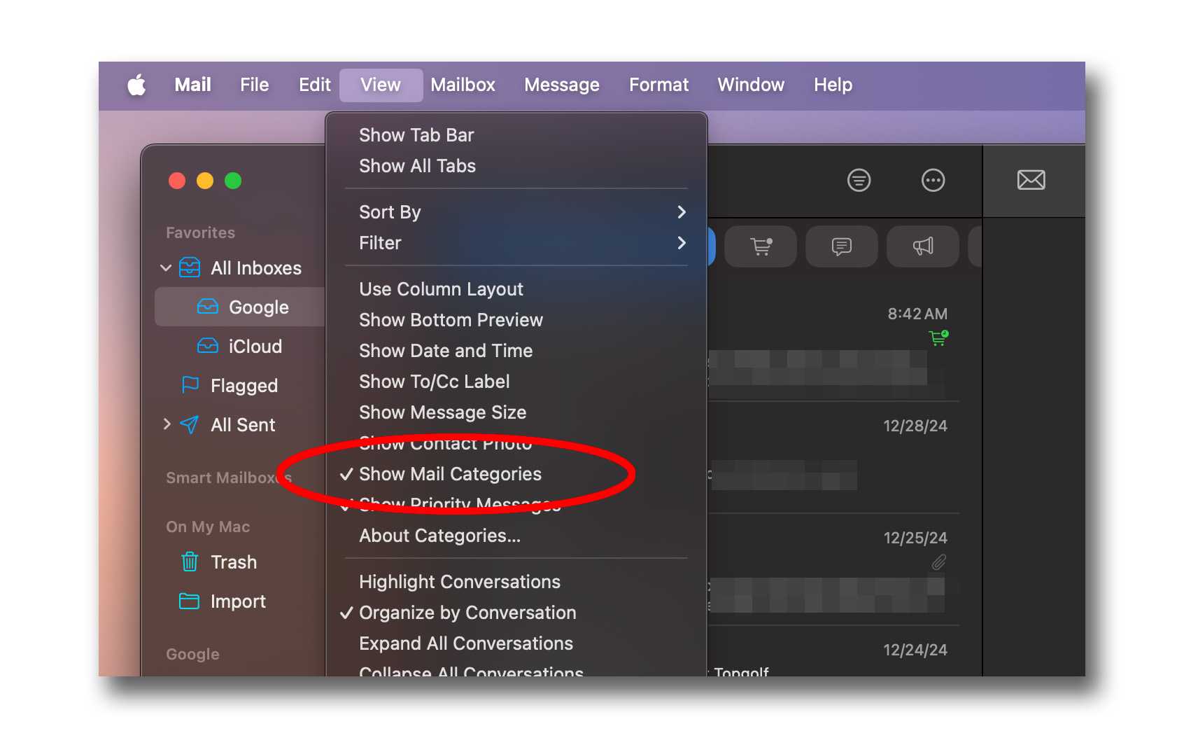 Mac mail categories Disable