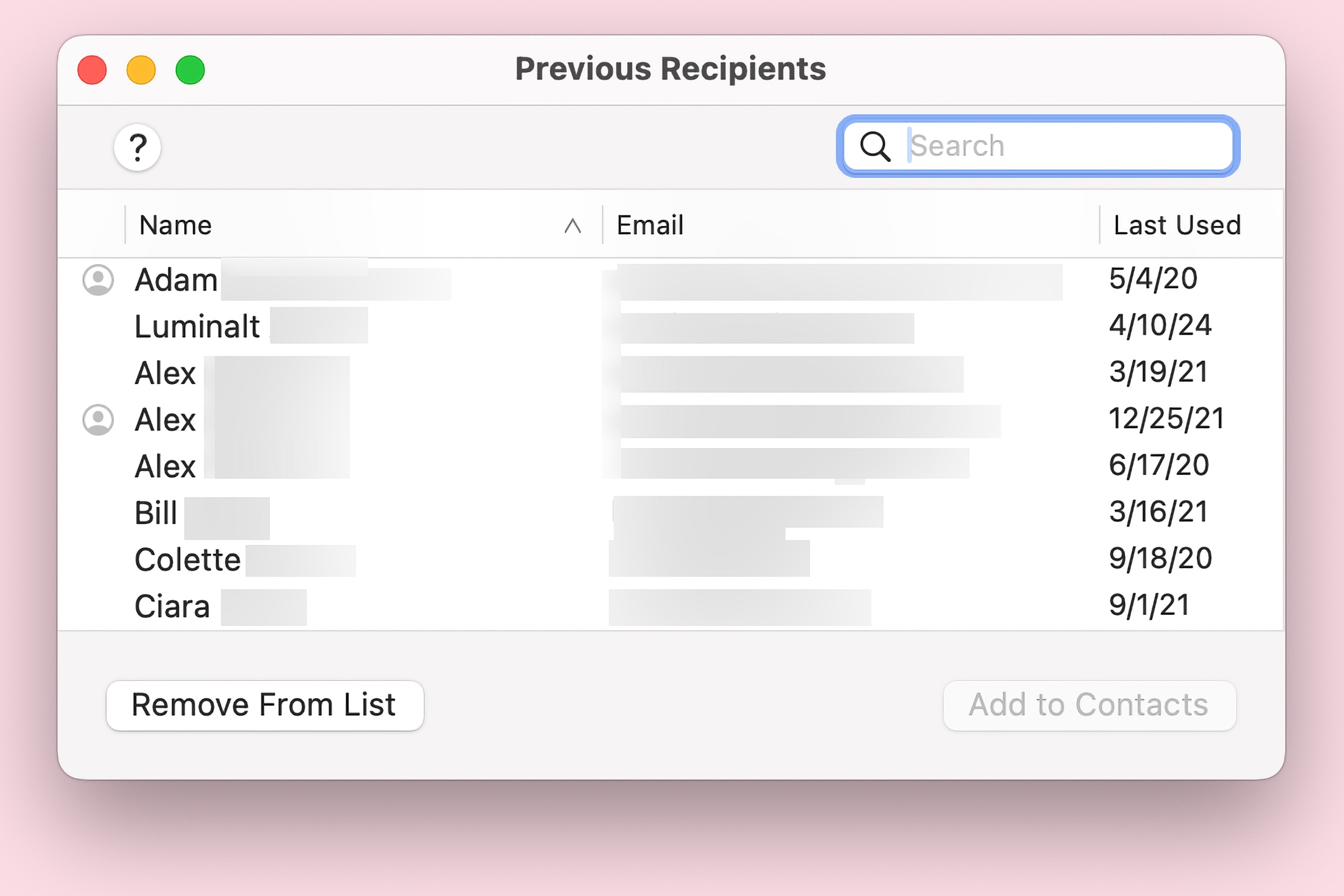 macOS Mail previous recipients