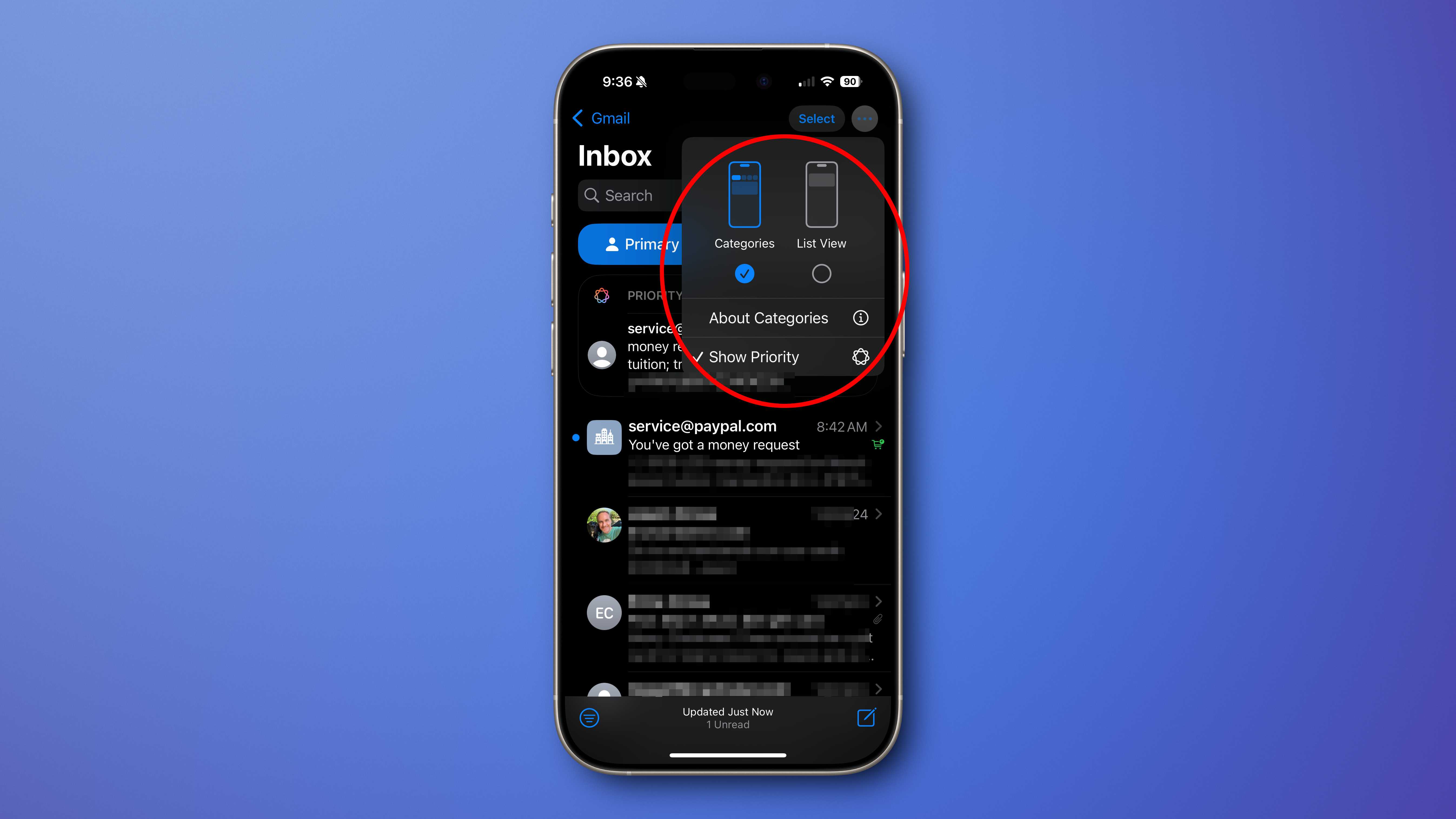 Iphone mail categories Disable