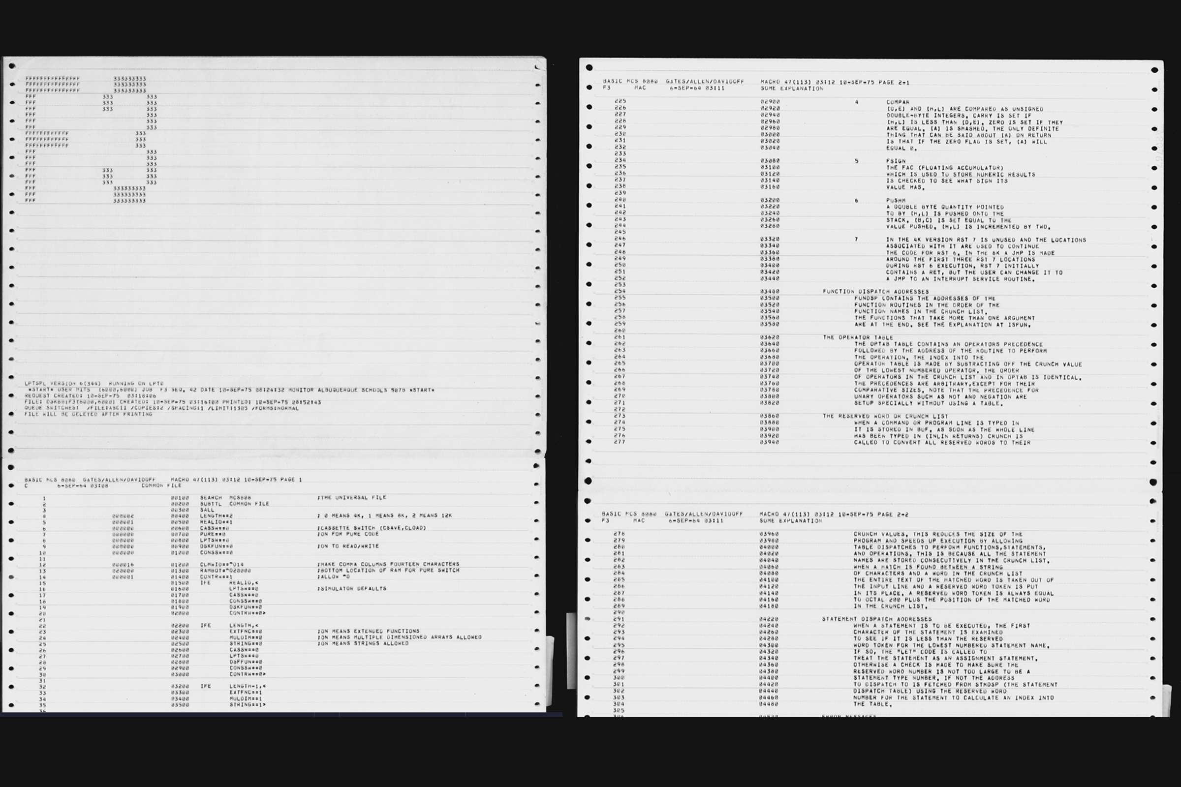 two pages of the source code for microsoft's Altair BASIC