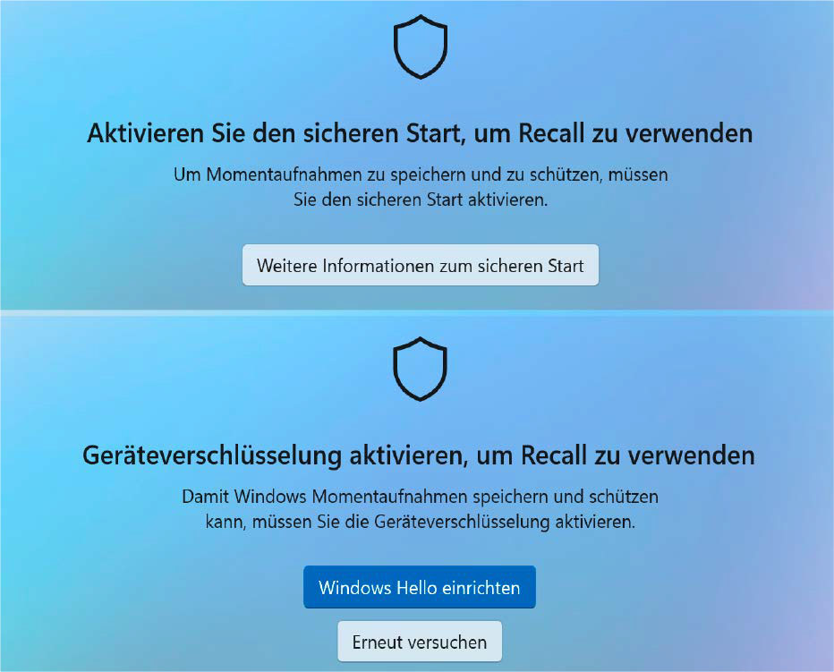 Einrichten und nutzen lässt sich die neue Funktion erst, wenn die folgenden Voraussetzungen erfüllt sind: Einschalten von Windows Hello, Verschlüsseln der Festplatte und Aktivieren von Secure Boot.