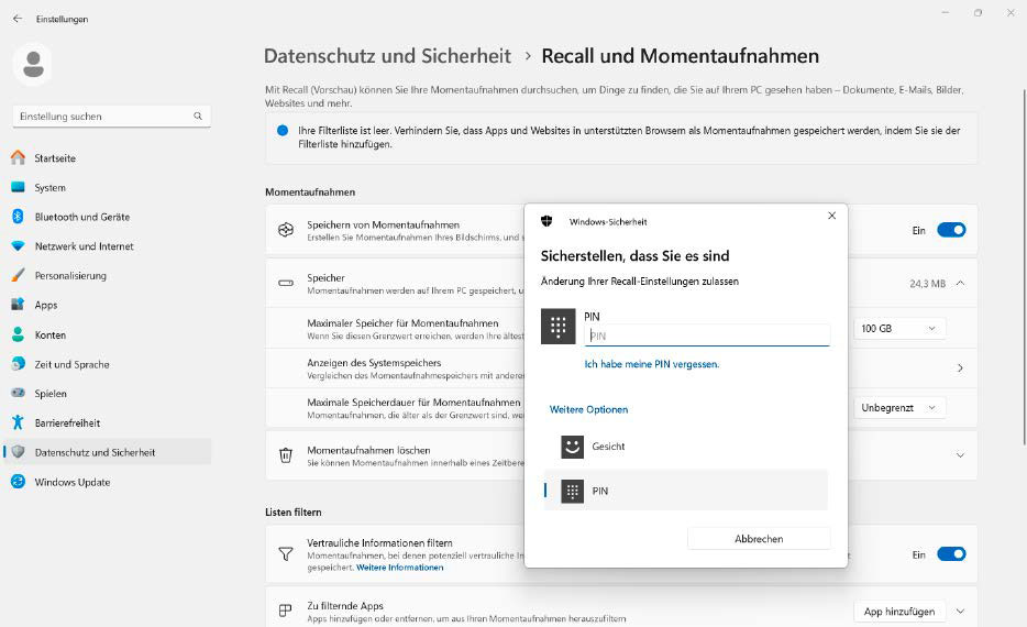 Recall muss jetzt manuell eingeschaltet werden. In den Einstellungen lassen sich die Screenshots auch wieder löschen sowie Apps und Webseiten gezielt vom Speichern ausnehmen.
