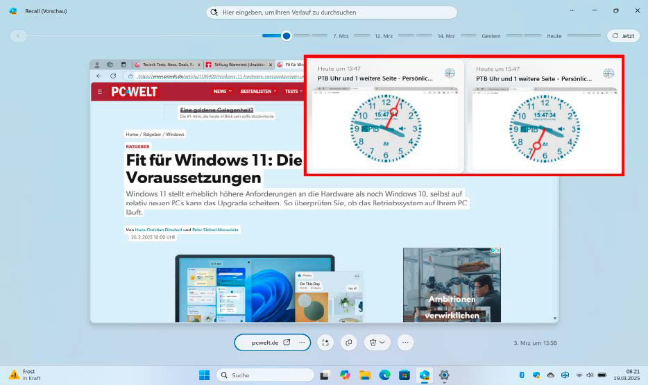 Zum Auffinden der Aufzeichnungen tippt man entweder einen Begriff ins Suchfeld oder scrollt durch die Zeitleiste. Dabei zeigt sich, dass Recall alle 30 Sekunden Screenshots erstellt.