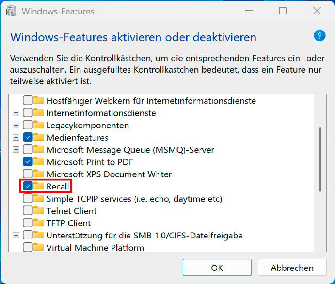Recall wird optionaler Bestandteil von Windows 11 in der Homeund Pro-Variante. Über die „Windows-Features“ lässt es sich auch wieder komplett vom System löschen.