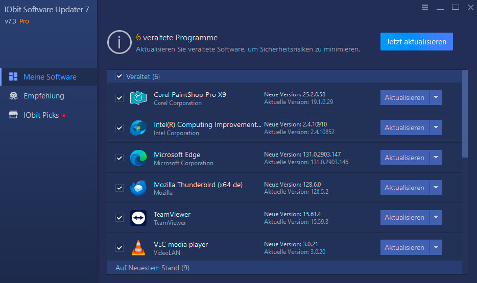Iobit Software Updater weist auch auf veraltete Vollversionen wie hier Paintshop Pro (oben) hin und bietet eine Aktualisierung an. Unter Umständen benötigt man aber eine neue Lizenz.