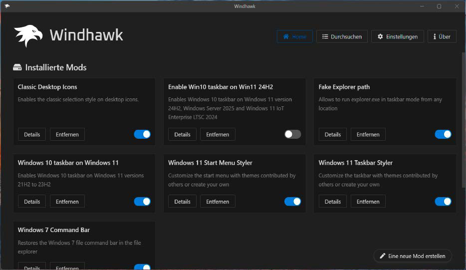 Auf dem Marktplatz Windhawk stellen Entwickler sogenannte Mods zur Verfügung, mit denen Anwender ihre Windows-Rechner nach ihren Wünschen anpassen können.